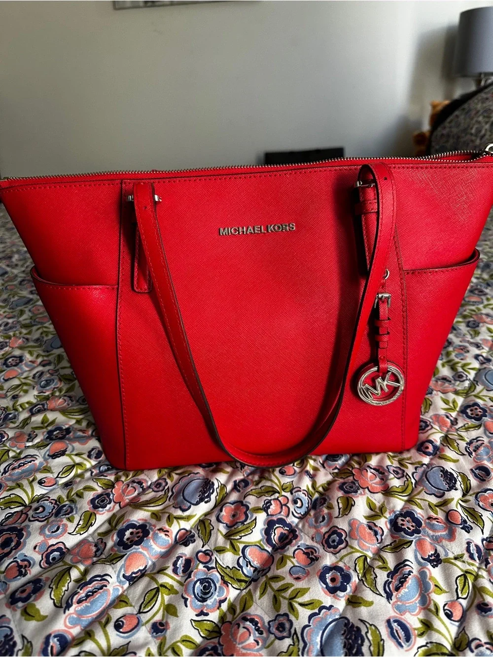 Michael Kors Bright Red Saffiano Tote with Logo Charm